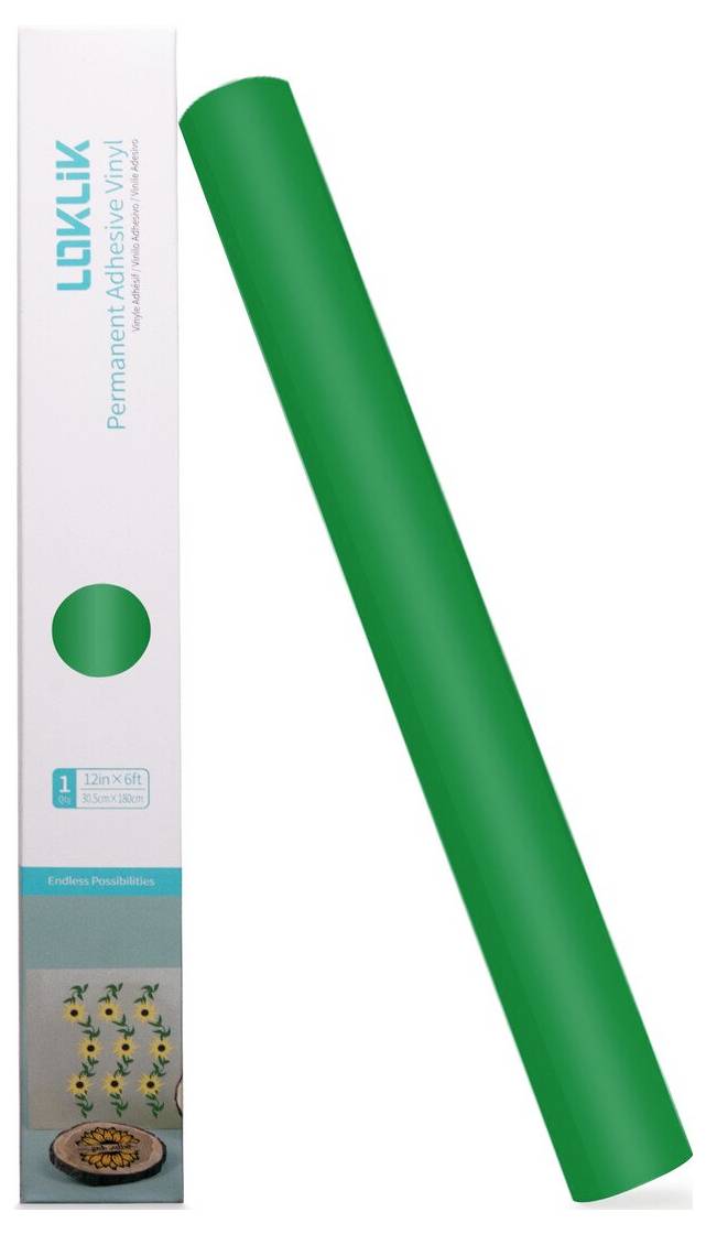 Product package for 'LINKLIT' permanent adhesive vinyl, showing a long green vinyl roll beside the box with sunflower example and a sample cut size label.