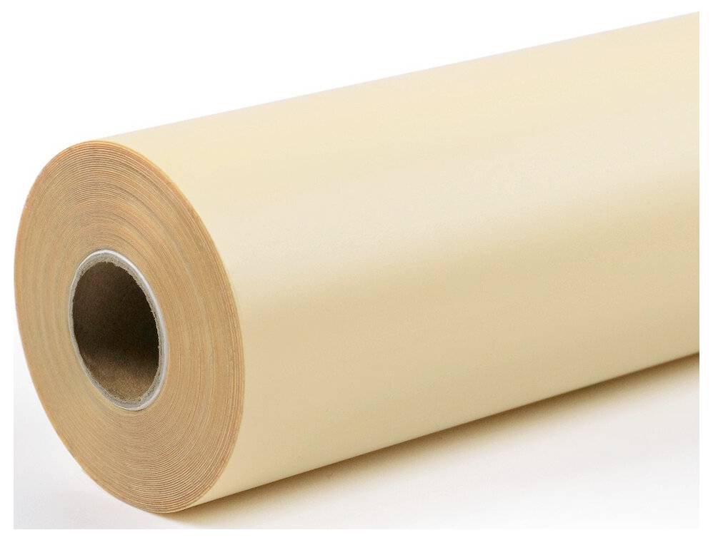 A large roll of beige paper or adhesive material on a white background, shown in close-up with the cardboard core visible.