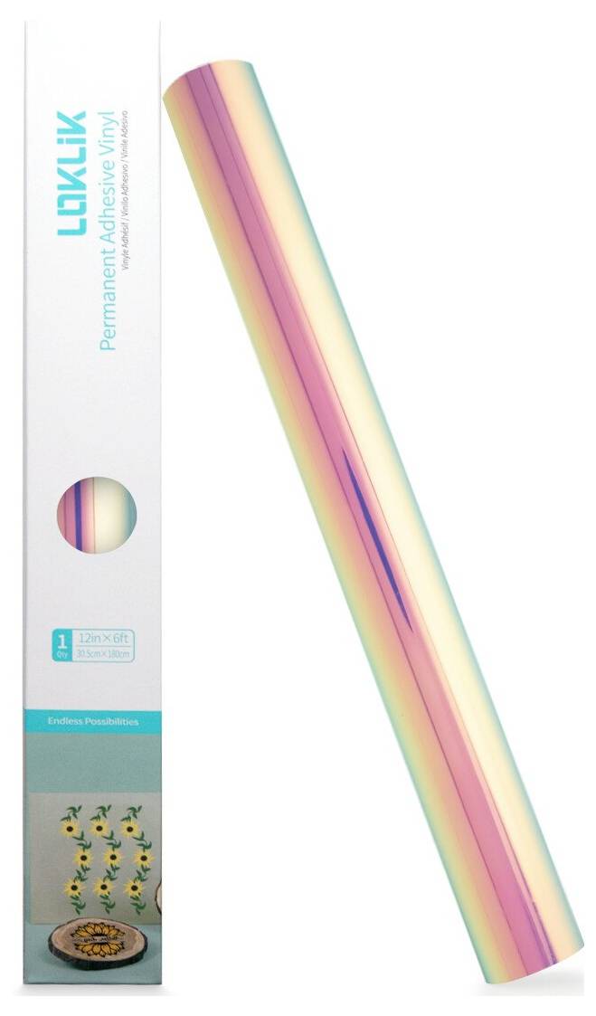 Product packaging for 'LOKLIX' permanent adhesive vinyl, showing a rainbow-colored vinyl roll and a small sample design panel<br>