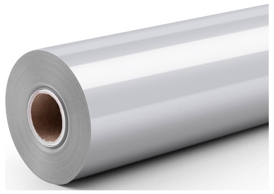 Roll of reflective silver metallic foil or film on a white background, shown in close-up with the cardboard core visible.<br>