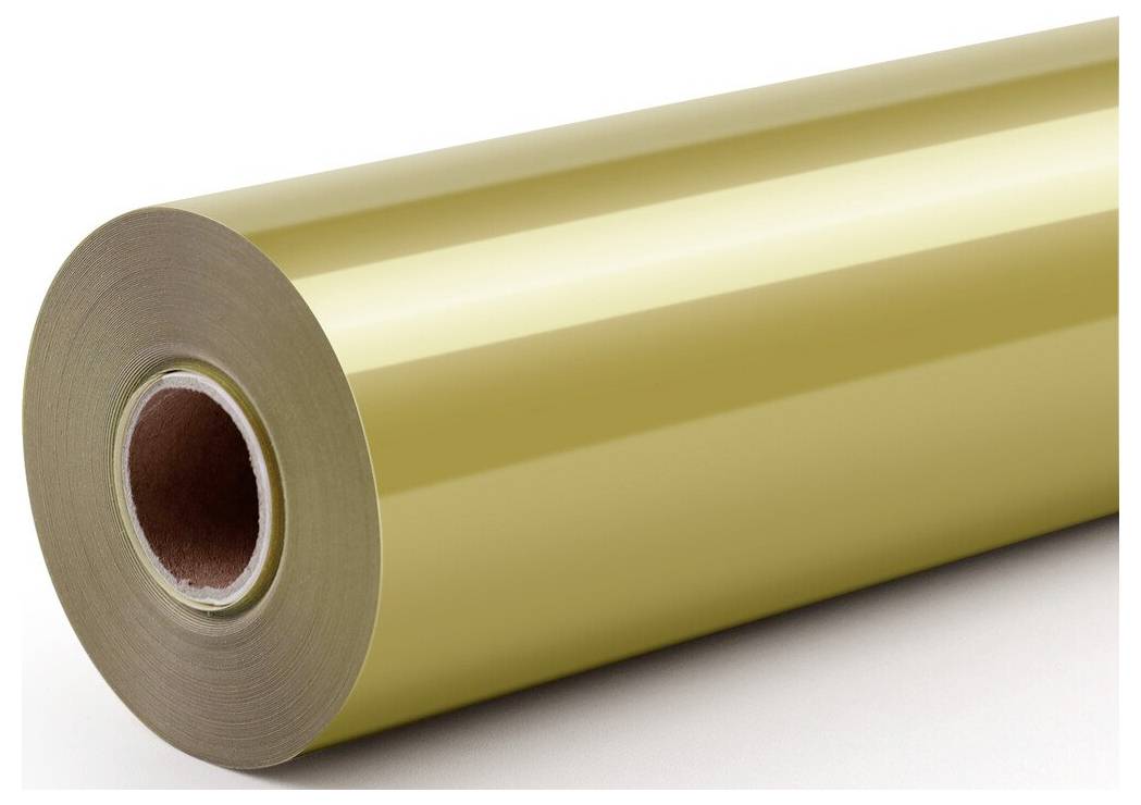 Large roll of metallic gold film or foil on a white background, shown in perspective with the cardboard core visible.