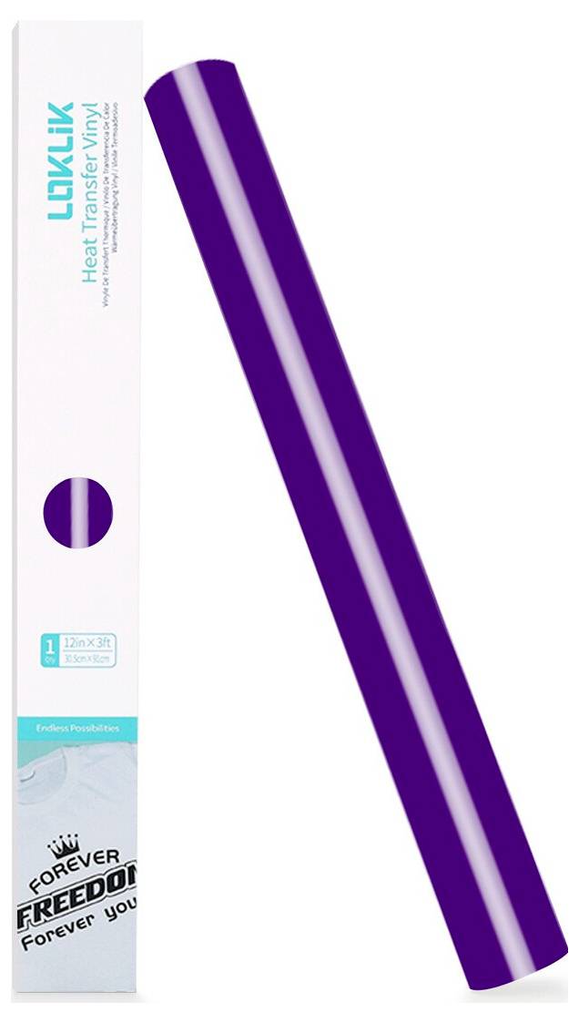 Purple and white heat transfer vinyl roll labeled 'JINK', shown next to its packaging<br>