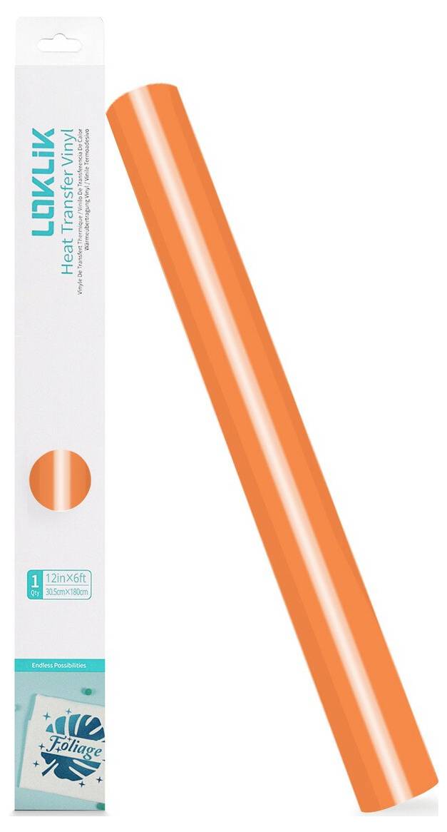 Orange heat-transfer vinyl roll beside its packaging labeled 'LOKLiK Heat Transfer Vinyl' with size 12in x 6ft.<br>