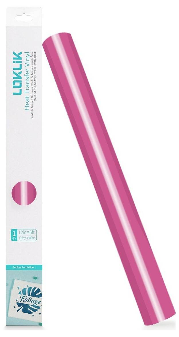 Pink LKLIK heat transfer vinyl roll shown beside its packaging box, with 'Foliage' branding on a white background.