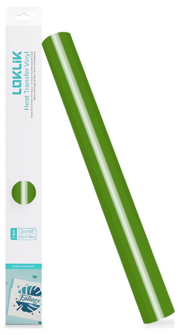 Green heat transfer vinyl roll next to its white LOKLIK retail package on a plain background.<br>