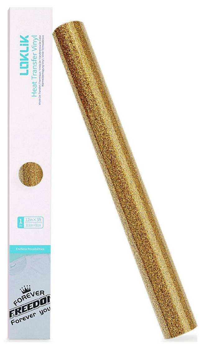 Gold glitter heat transfer vinyl roll with packaging labeled 'LOKLIK' and '12in x 3ft' beside it<br>