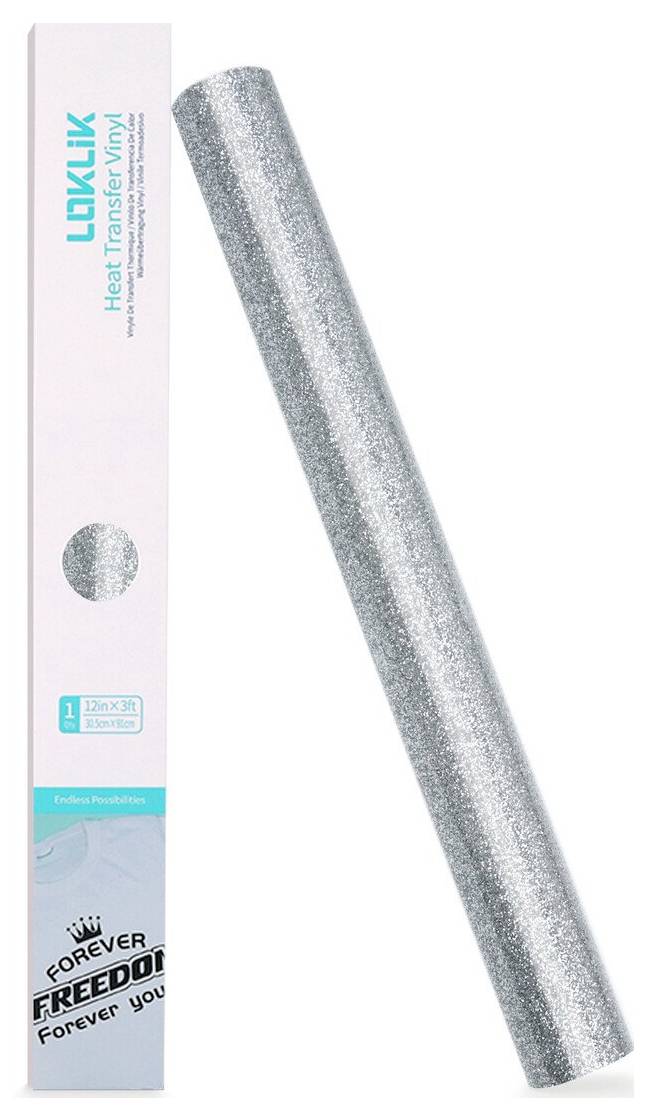 Silver glitter heat transfer vinyl roll beside its packaging box labeled 'LOKLIK' and 'Heat Transfer Vinyl'
