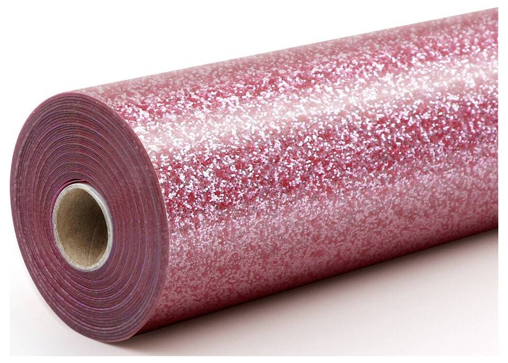 Roll of red glittery adhesive or craft vinyl on a cardboard tube against a white background.
