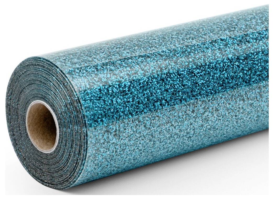 A roll of teal glittery adhesive or craft vinyl material on a white background.