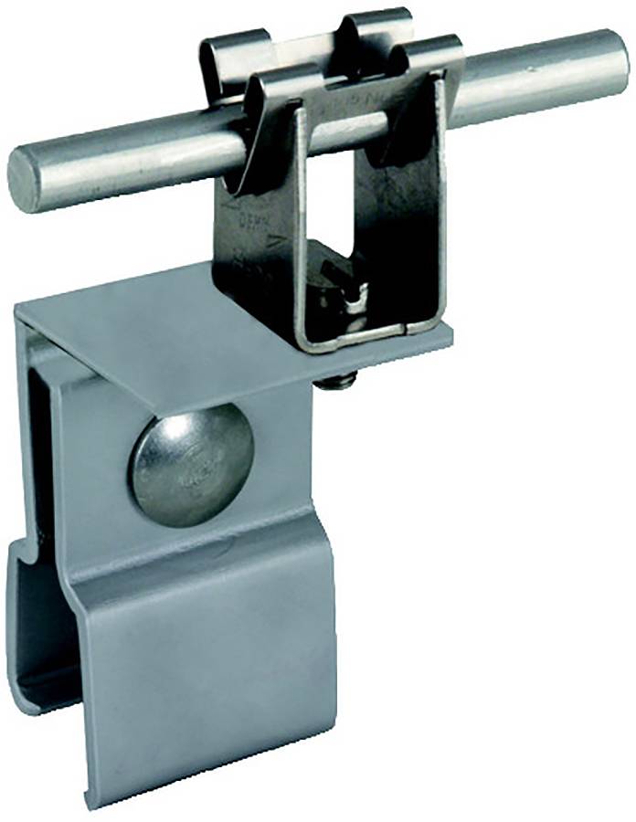 Metal clamp attachment with a horizontal rod on top and a spring-loaded clip below, shown isolated on a white background.