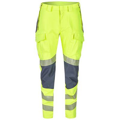 High-visibility neon yellow cargo work pants with reflective bands and dark gray lower leg panels, shown front view.