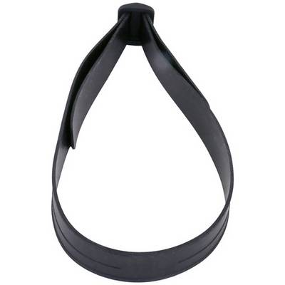 Black plastic wrist loop or strap with a narrow top clasp, isolated on a white background.