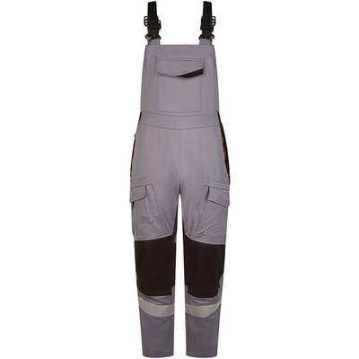 Gray and black bib overalls with adjustable shoulder straps, front chest pocket, and reinforced knees shown on a plain background.