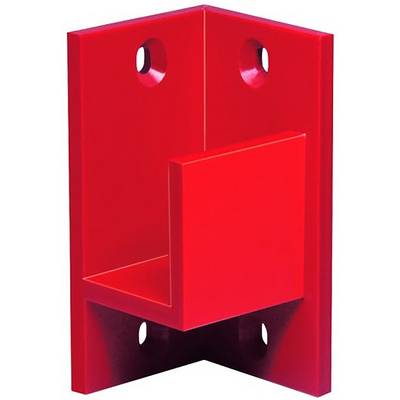 Red wall-mounted shelf bracket with four mounting holes and a front lip, shown on a white background.