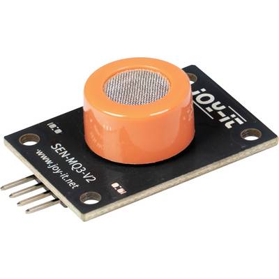 Small orange gas sensor module on a black circuit board with four pin connector and mounting holes, labeled 'SEN-MQ3_V2' and 'joy-it'.<br>