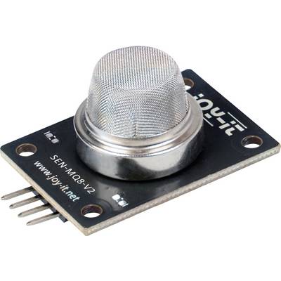Electronic gas sensor module with metal mesh sensor canister on a black breakout board labeled 'SEN-MQ8-V2' and 'joy-it', with four pins.