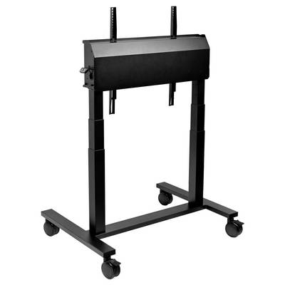 Black metal equipment stand on four caster wheels with adjustable vertical posts, shown on a white background.