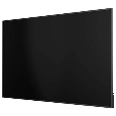 Black flat-screen TV or monitor with blank screen on a white background, viewed at a slight angle.