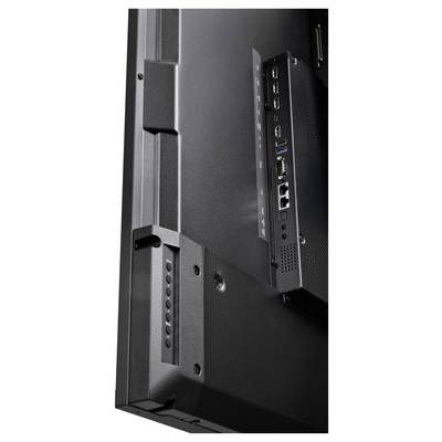 Close-up of the back of a flat-screen monitor, showing input ports, buttons, and cable connections mounted on a stand.