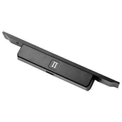 Black slide latch handle with a centered double-arrow icon and mounting tabs on both ends.