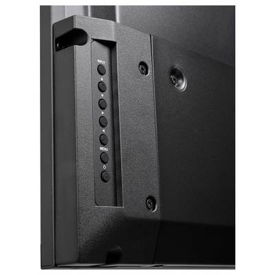 Rear view of a monitor showing a vertical control panel with 'INPUT' and 'MENU' buttons on the back/side edge.
