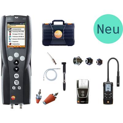Collage of Testo handheld measuring instruments and accessories, with a case and a green circle labeled 'Neu' indicating new products.