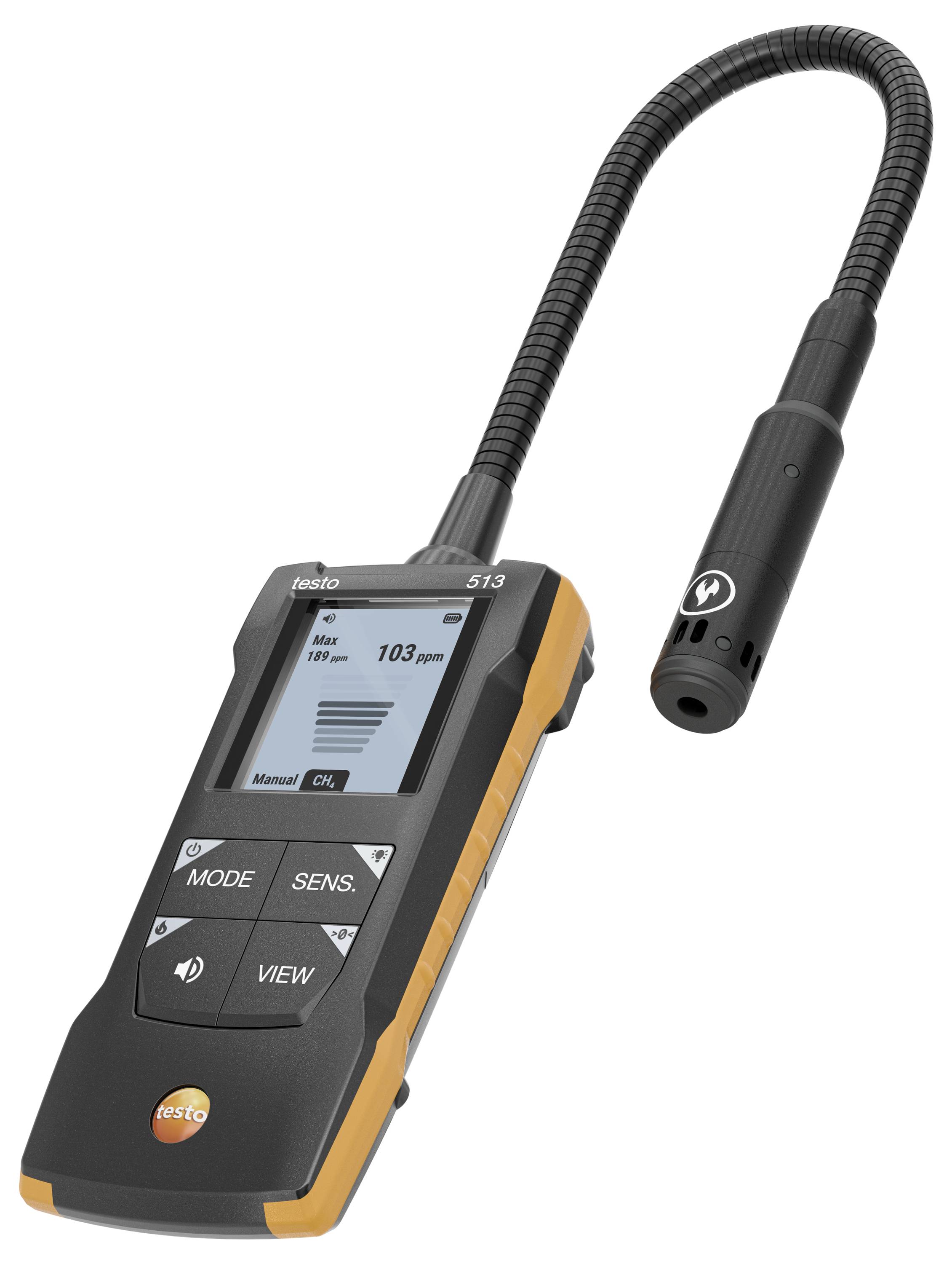 Handheld Testo 513 meter with flexible probe and digital display showing 103 ppm.