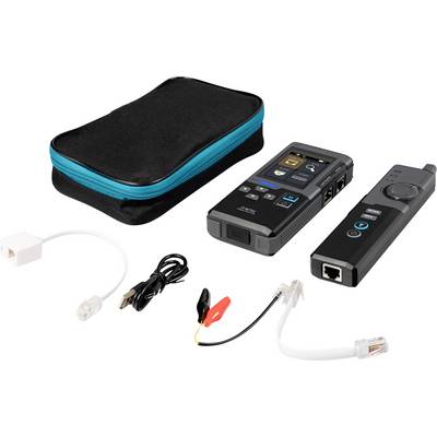 Network cable tester kit with carrying case, handheld tester and remote module, plus USB cable, clip leads, and RJ45 cables<br>