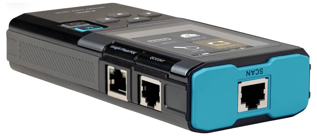 Portable network cable tester with two Ethernet ports and a small display, shown in a black-and-blue handheld device.