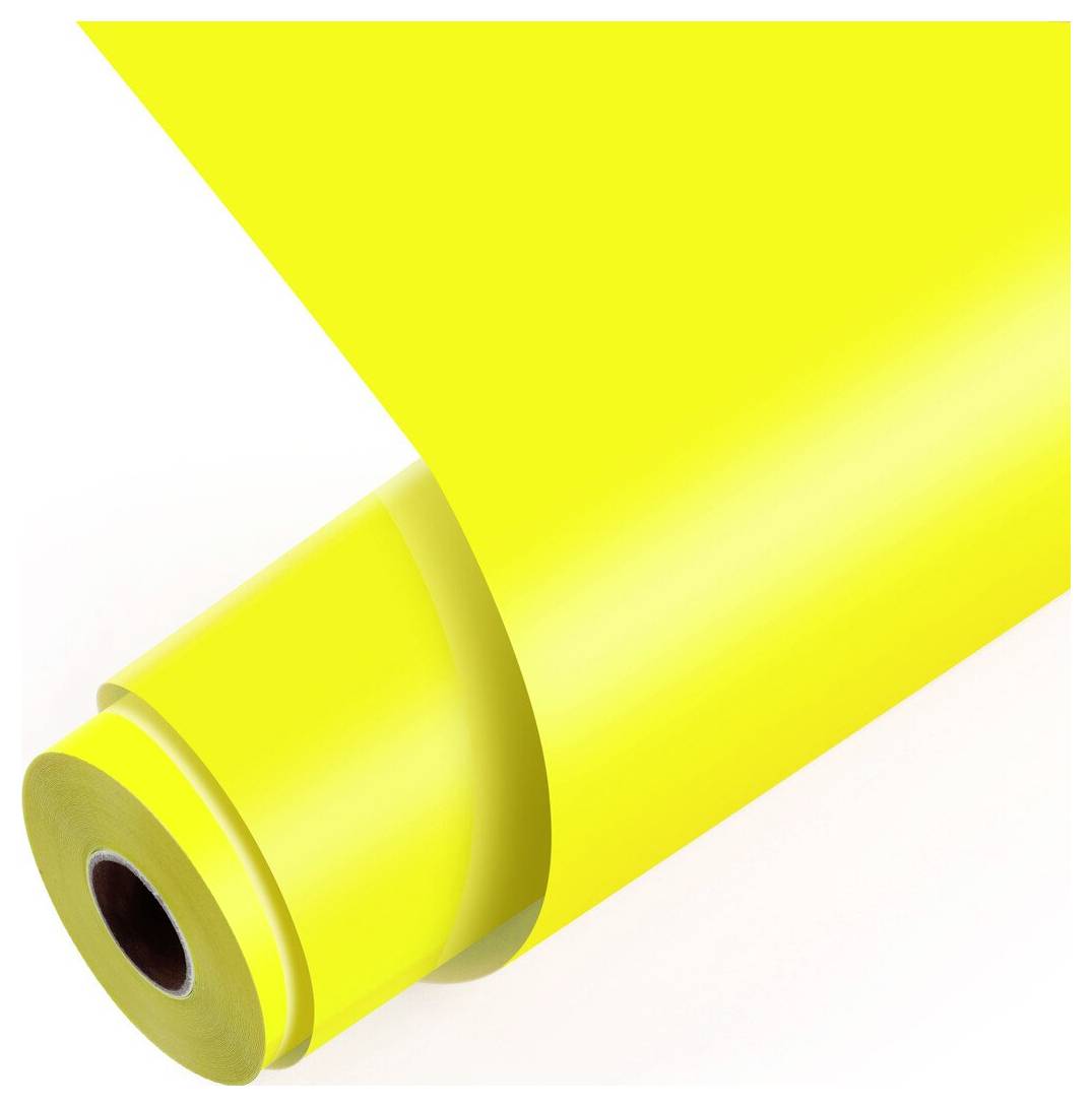 Yellow roll of plastic film or wrapping material viewed in close-up on a white background.