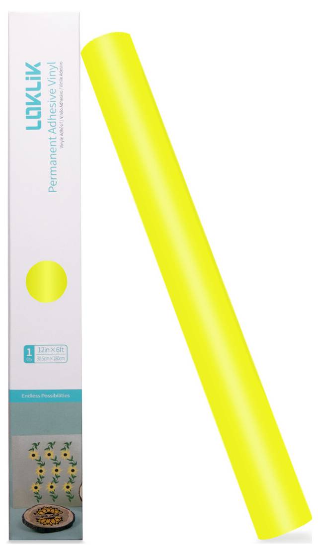 Yellow adhesive vinyl roll shown beside its packaging box labeled 'LUKI VIK' and 'Permanent Adhesive Vinyl' with a small sunflower design preview.