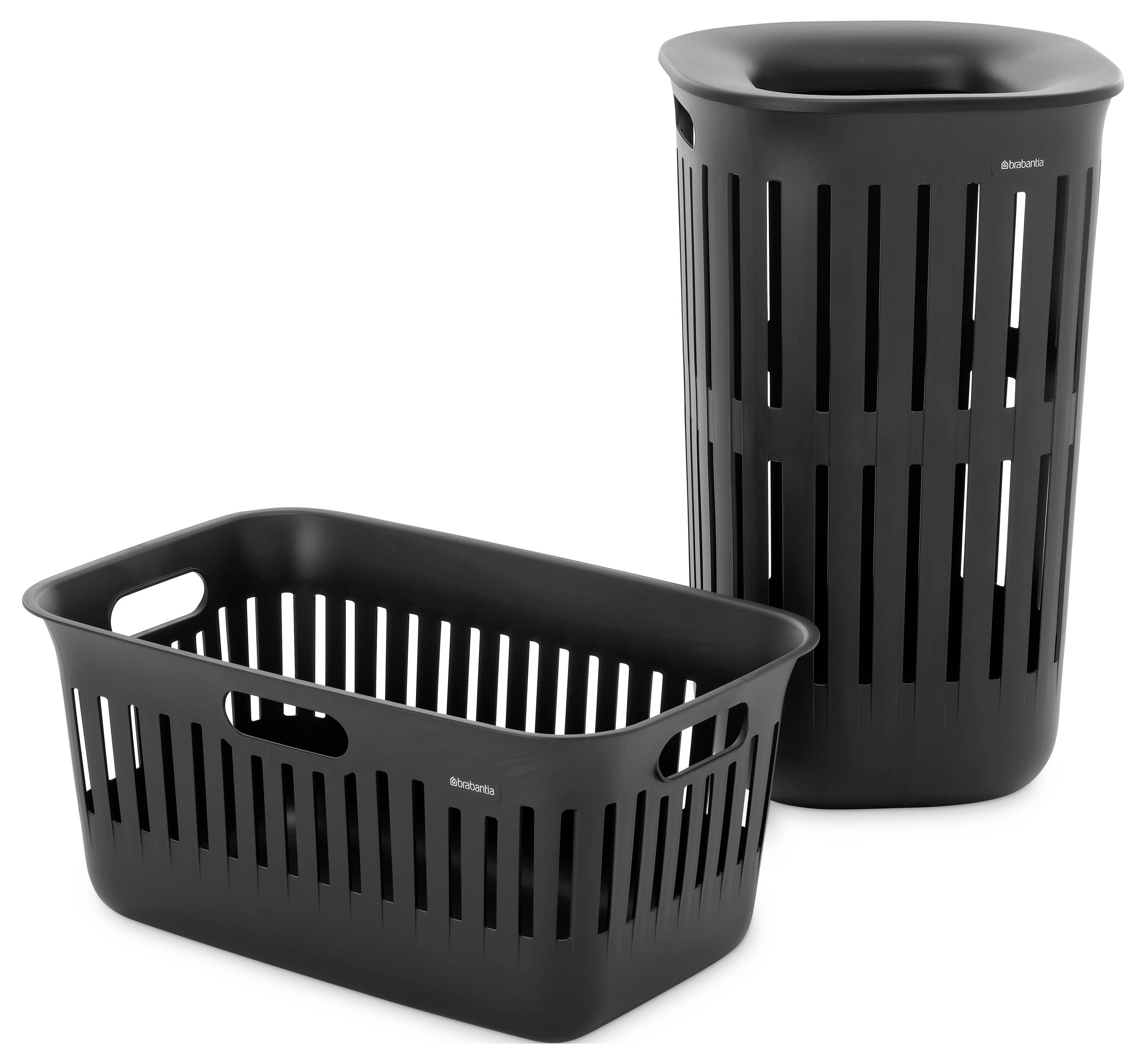 Black ventilated laundry basket and matching tall hamper on a white background.<br>