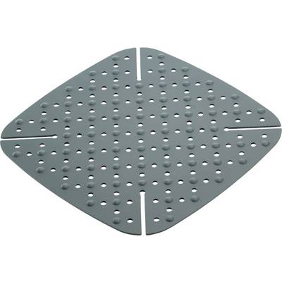 Perforated gray diamond-shaped metal plate with many holes and four cutout slots on a white background.