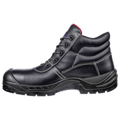 Black leather high-top work boot with a composite toe, padded ankle collar, and rugged tread sole on a white background.