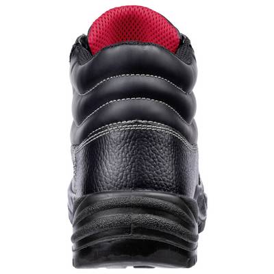 Black work boot viewed from the back, showing red padded collar and thick rugged sole on a white background.