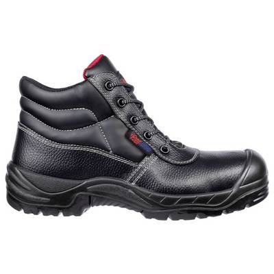Black leather safety work boot with lace-up ankle support and rugged treaded sole, shown in side view on a white background.