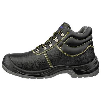 Black low-cut work boot with yellow stitching, metal eyelets, and thick treaded sole on a white background.