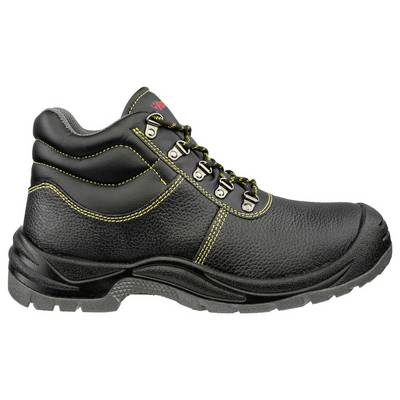 Black safety work boot with yellow stitching, steel toe, and thick treaded sole, shown in side view on a white background.