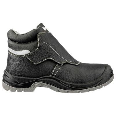 Black slip-on work boot with textured leather, padded ankle collar, and gray treaded sole shown in side view.