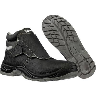 Black slip-on work boot shown in side and sole views, with rugged tread and reinforced toe for safety and traction.<br>