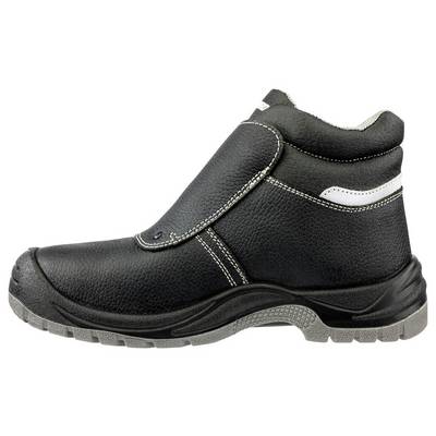 Black high-top work boot with gray sole and white stitching, shown in side view on a plain background.