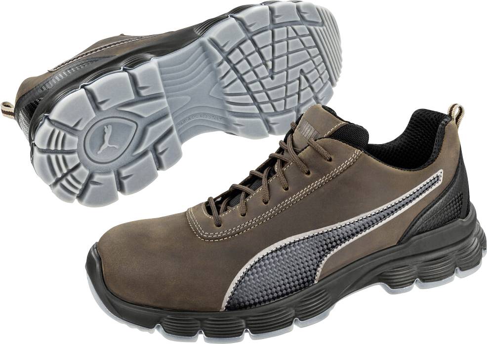 Brown low-top work shoe with black sole and side mesh panel, shown with the treaded outsole view above on a white background.