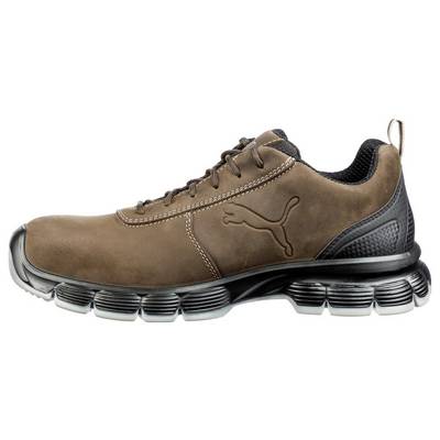 Brown low-top work shoe with black mesh heel and thick cushioned sole, shown in side view on a white background.
