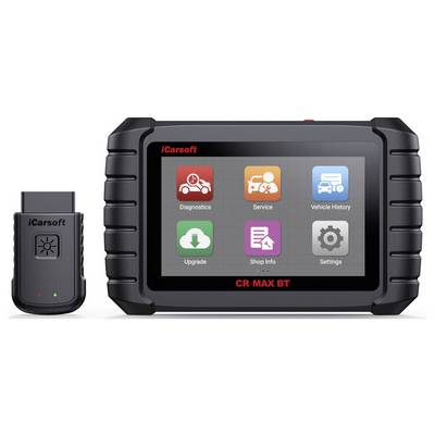 iCarsoft CR MAX BT automotive diagnostic tablet shown with its Bluetooth adapter, displaying menu icons for Diagnostics, Service, Vehicle History, Upgrade, Shop Info, and Settings.