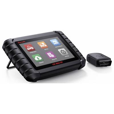 Handheld automotive diagnostic scanner with color touchscreen showing menu icons, plus a connected OBD adapter beside it.