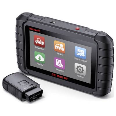iCarsoft CR MAX BT automotive diagnostic tablet with touchscreen showing app icons for Diagnostics, Service, Vehicle History, Upgrade, Shop Info and Settings; OBD connector beside it.
