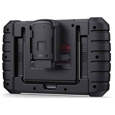 Rear view of a rugged black electronic device or battery pack with a central mounting module, vents, and warning labels.