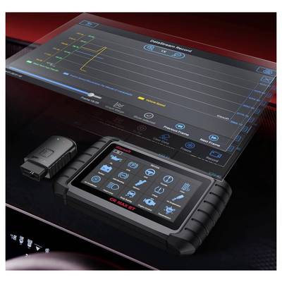 Automotive diagnostic scanner with touchscreen showing a data-stream record graph and menu icons, plus a plugged-in OBD-II adapter.