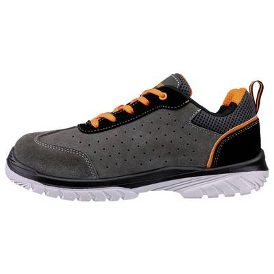 Black and gray safety sneaker with orange accents, shown in side view on a white background.