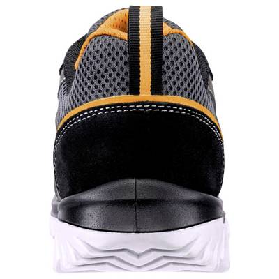 Rear view of a black and gray athletic shoe with orange accents and a white sole, shown on a white background.